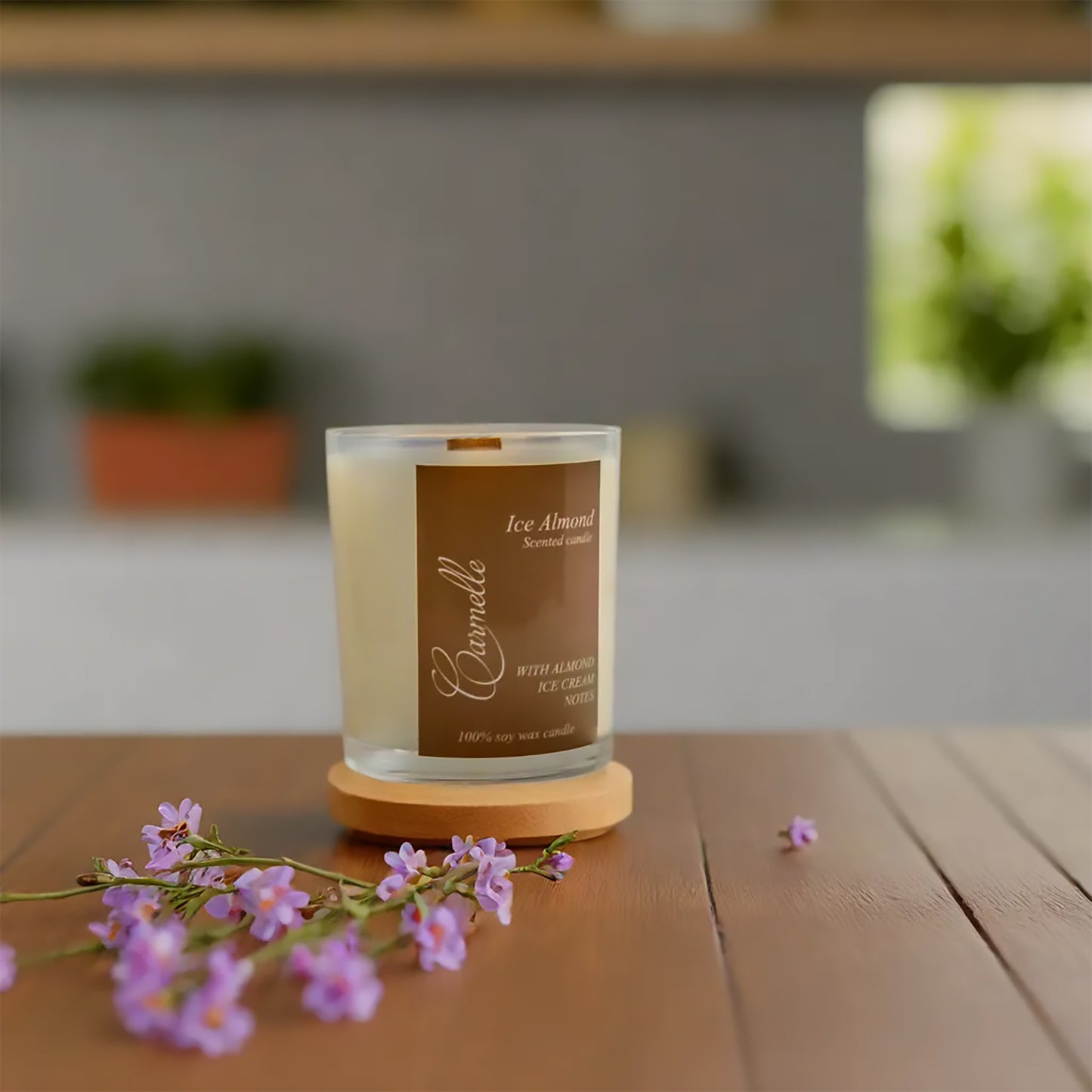 Natural soy wax scented wooden wick candle - Ice Almond