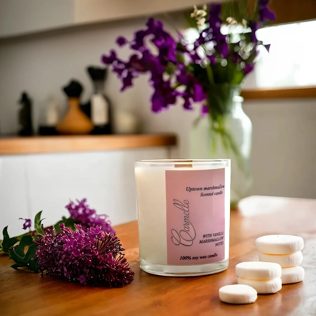 Natural soy wax scented wooden wick candle - Uptown Marshmallow