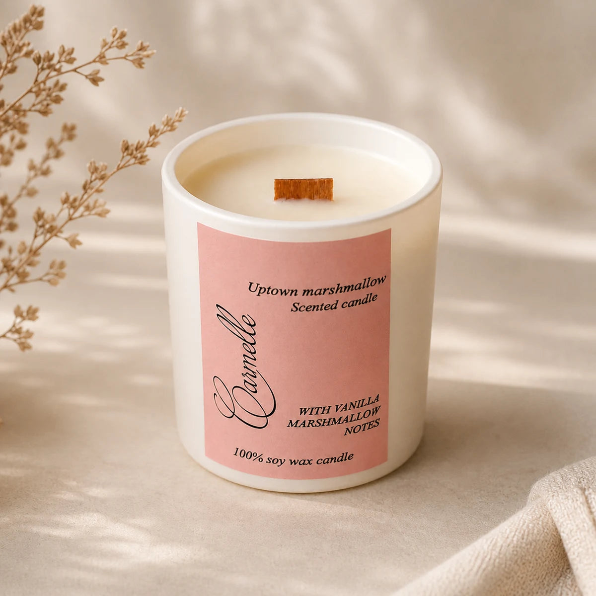Natural soy wax scented wooden wick candle - Uptown Marshmallow