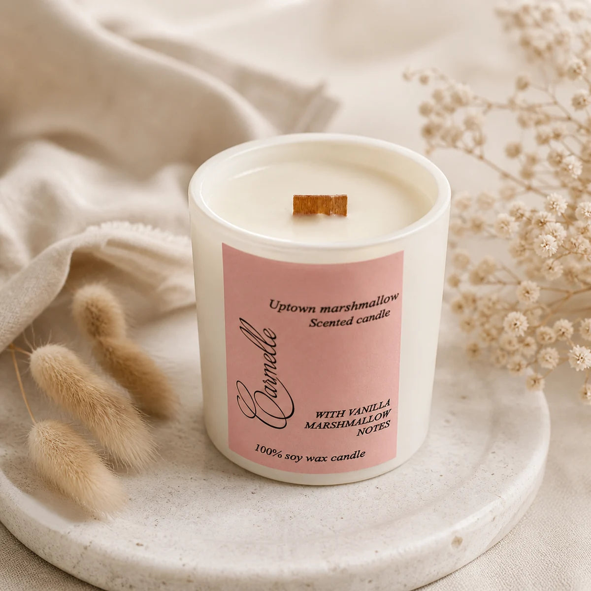 Natural soy wax scented wooden wick candle - Uptown Marshmallow